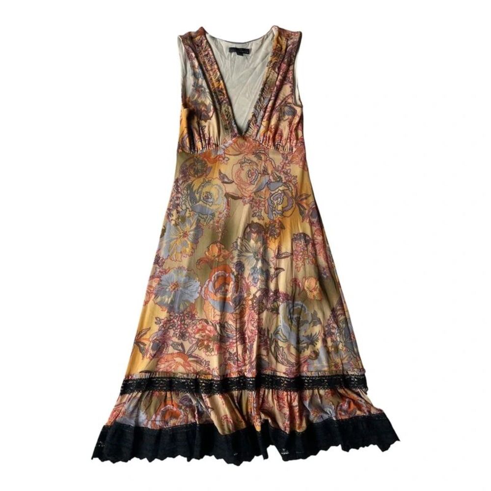 Vintage 90s Y2K Weston Wear V Neck Floral Artsy Midi Dress Womens Medium